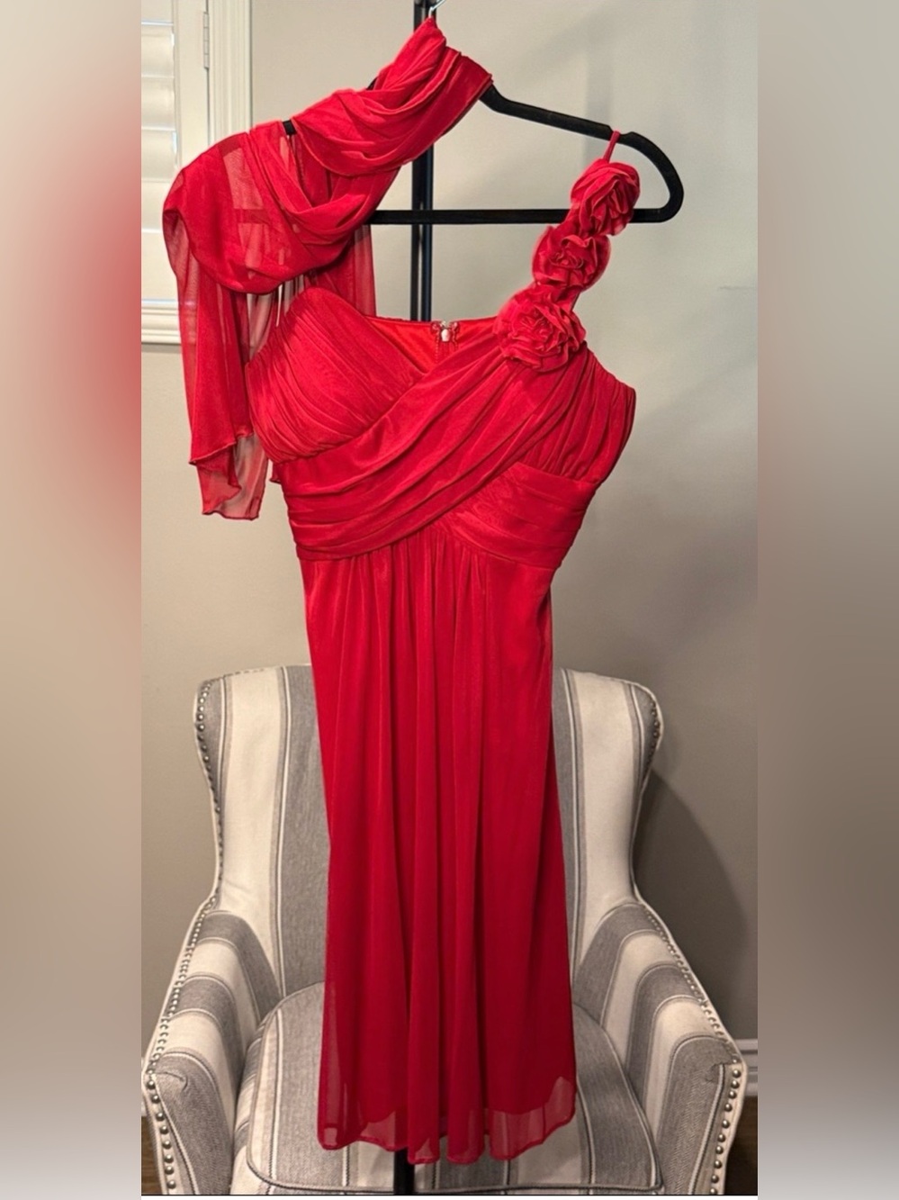 One-Shoulder Red Grecian Evening Gown